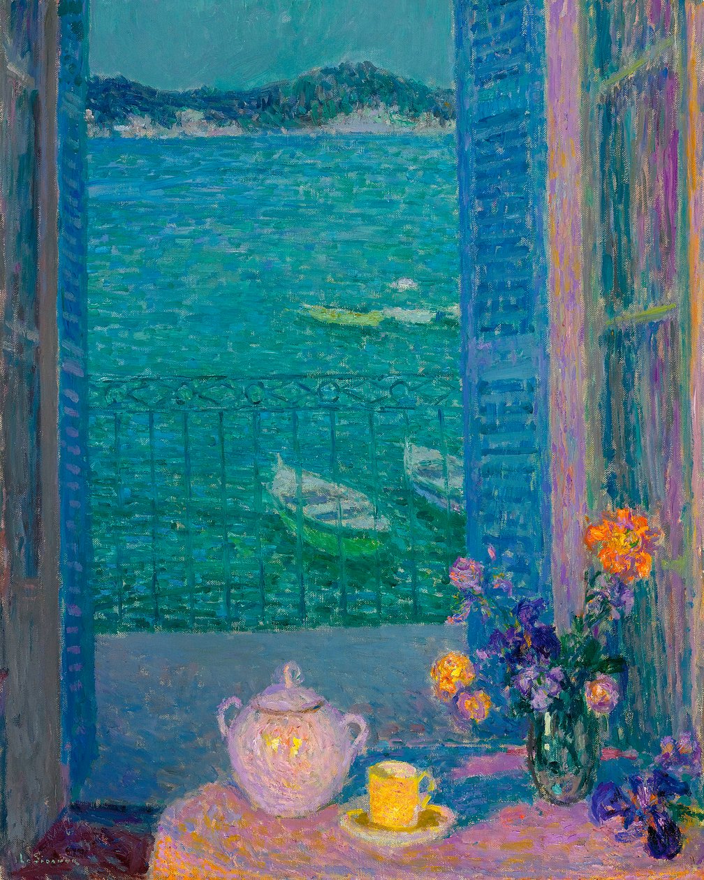 Bukiet kwiatów na oknie, Villefranche sur mer - Bukiet kwiatów na oknie, Villefranche-sur-Mer - Obraz Henri Le Sidaner (1862-1939) autorstwa Henri Eugene Augustin Le Sidaner