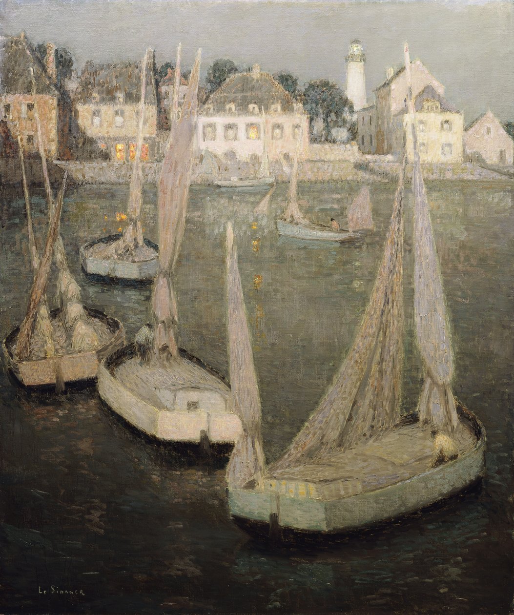 Breton Port przy świetle księżyca; Port Breton przy świetle księżyca autorstwa Henri Eugene Augustin Le Sidaner