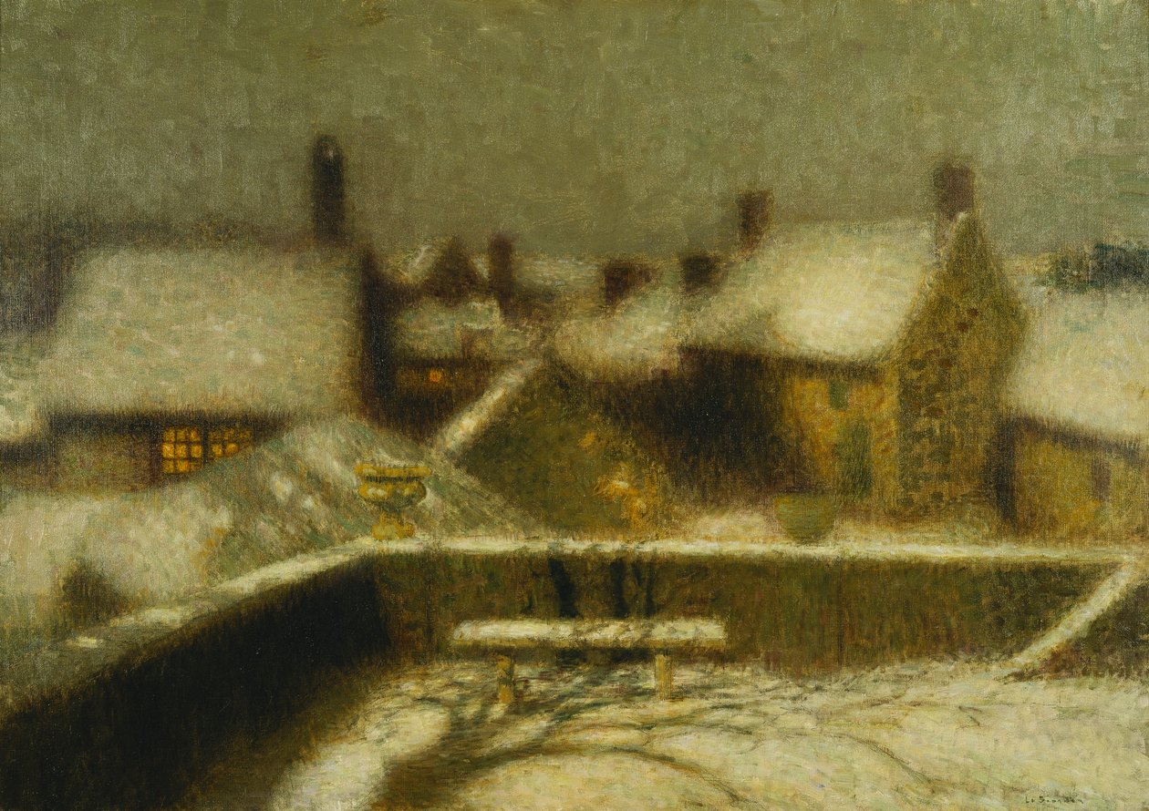 Gerberoy w śniegu; Gerberoy Sous la Neige, ok. 1900 (olej na płótnie) autorstwa Henri Eugene Augustin Le Sidaner