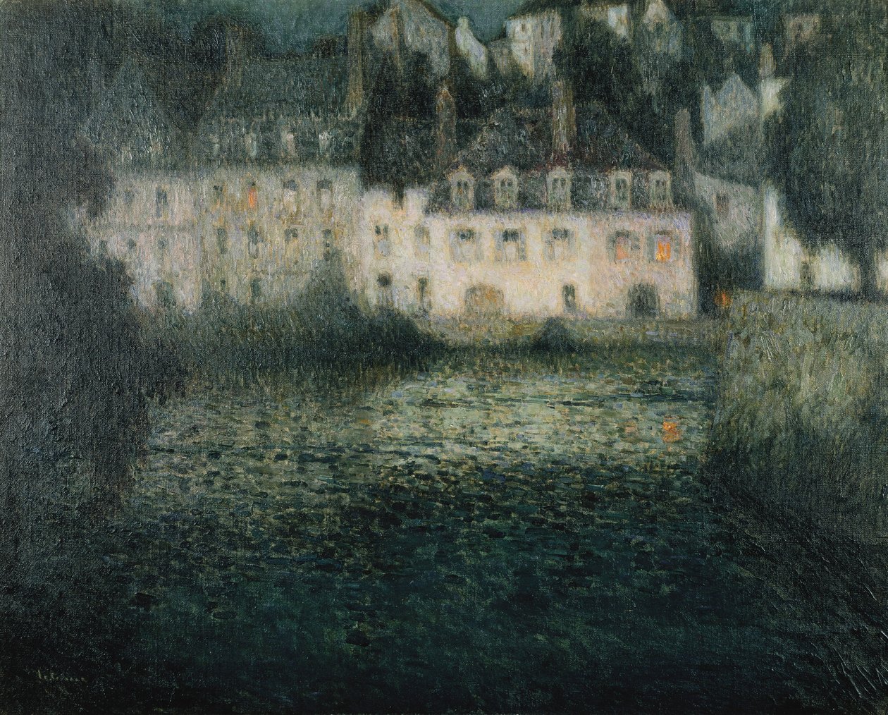 Dom nad rzeką w świetle księżyca; Dom nad Moonlight River, Quimperle autorstwa Henri Eugene Augustin Le Sidaner