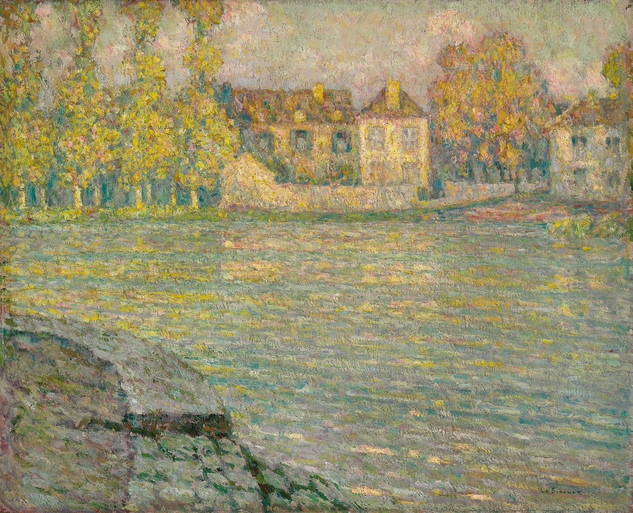 Domy nad rzeką o zachodzie słońca, Moret; Domy nad rzeką o zachodzie słońca, Moret autorstwa Henri Eugene Augustin Le Sidaner