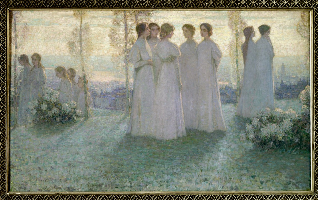 W niedzielę Kobieta ubrana na biało rozmawiająca w ogrodzie - Obraz Henri Eugene (Henri-Eugene) Le Sidaner (1862-1939) autorstwa Henri Eugene Augustin Le Sidaner