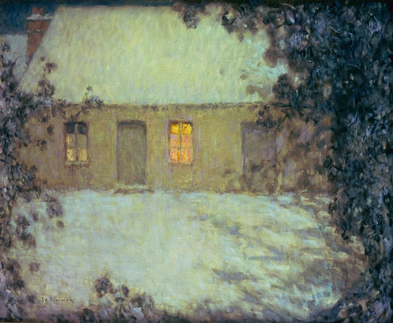 Domek kryty strzechą pod śniegiem (olej na płótnie) autorstwa Henri Eugene Augustin Le Sidaner