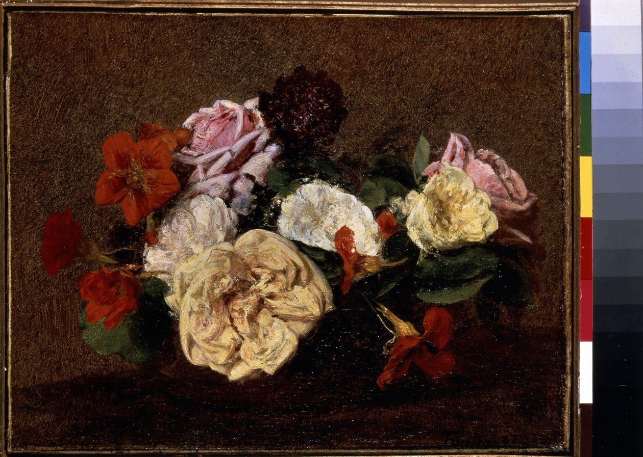 Róże i nasturcje w wazonie. Obraz Henri Fantin-Latour (Fantin Latour autorstwa Ignace Henri Jean Fantin Latour