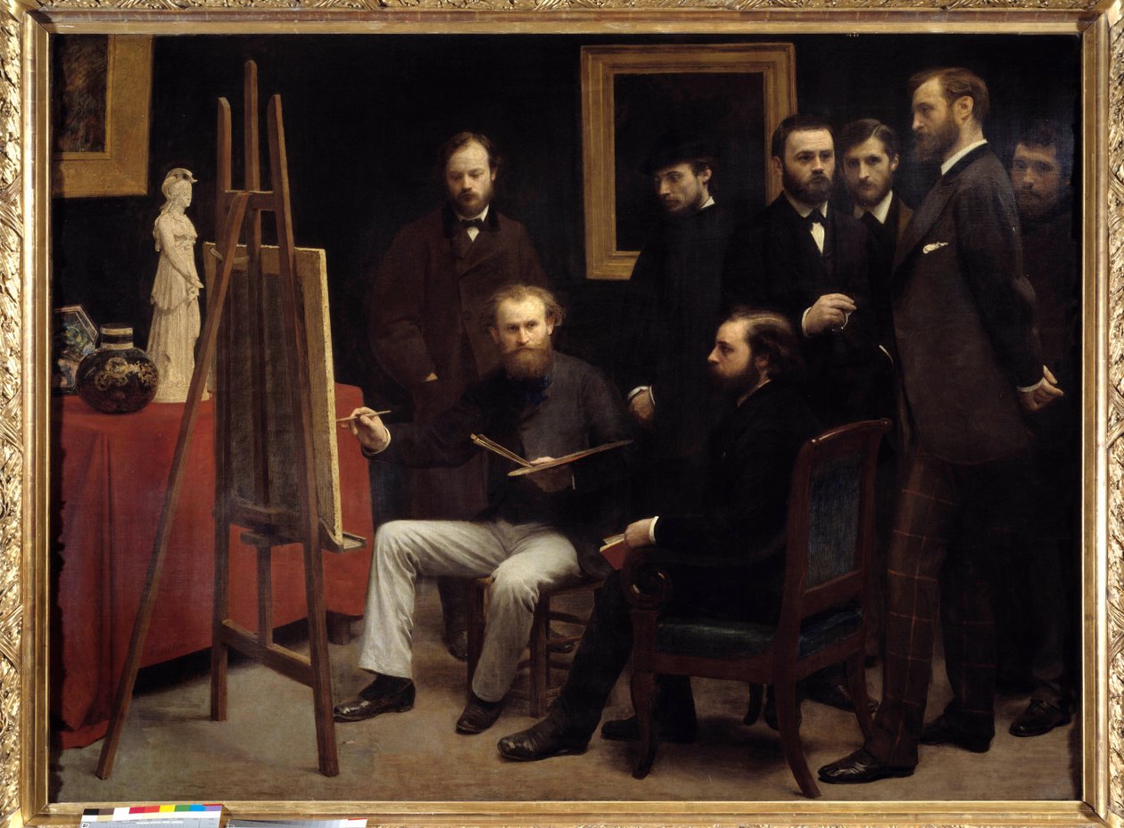 Warsztaty w Batignolles. Wśród obecnych postaci: Otto Scholderer, Edouard Manet (1832-1883) siedzący w środku, Pierre Auguste Renoir (1841-1919), Zacharie Astru (1835-1907), Emile Zola (1840-1902), Edmond Maitre (1840- 1888), Fryderyk Bazill autorstwa Ignace Henri Jean Fantin Latour