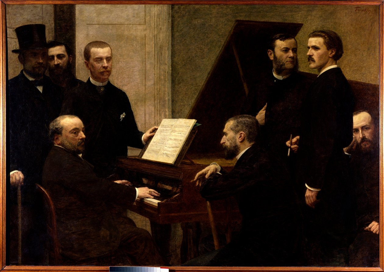 Wokół fortepianu Siedzą od lewej do prawej Emmanuel Chabrier, Edmond Maitre i Amedee Pigeon. Stojący, Adolphe Julien, Arthur Boisseau, Camille Benoit, Antoine Lascoux i Vincent d