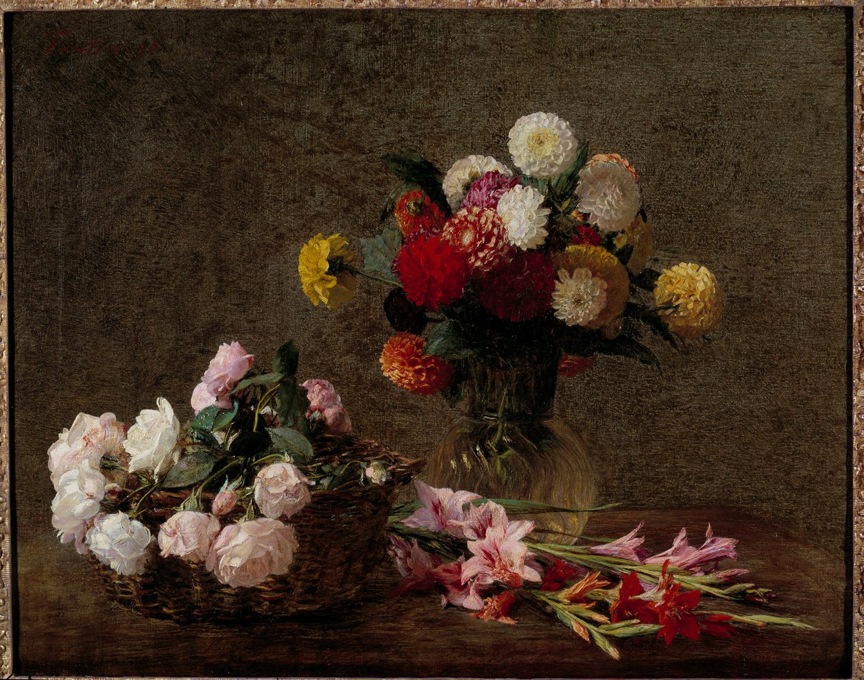 Dalie i róże w koszyku Obraz Henri Fantina Latoura (Fantin-Latour autorstwa Ignace Henri Jean Fantin Latour