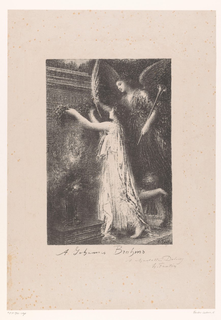 Anioł i personifikacja sławy przynoszą honorowy wieniec przy grobie Johannesa Brahmsa Á Johannes Brahms (tytuł na obiekcie) autorstwa Ignace Henri Jean Fantin Latour