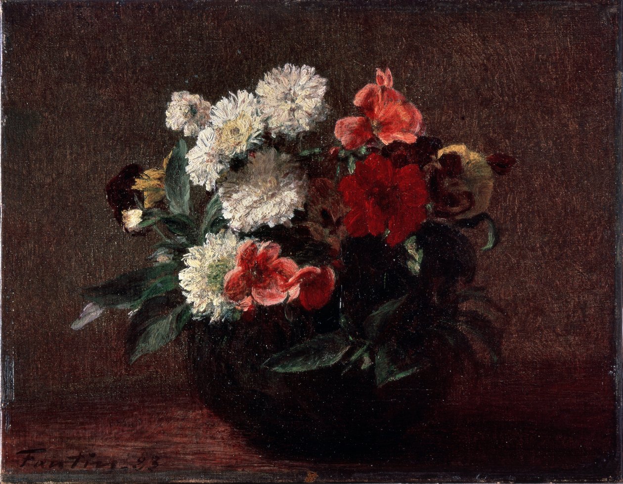 Kwiaty w fajansowym wazonie. Obraz Henri Fantin-Latour (Fantin Latour autorstwa Ignace Henri Jean Fantin Latour