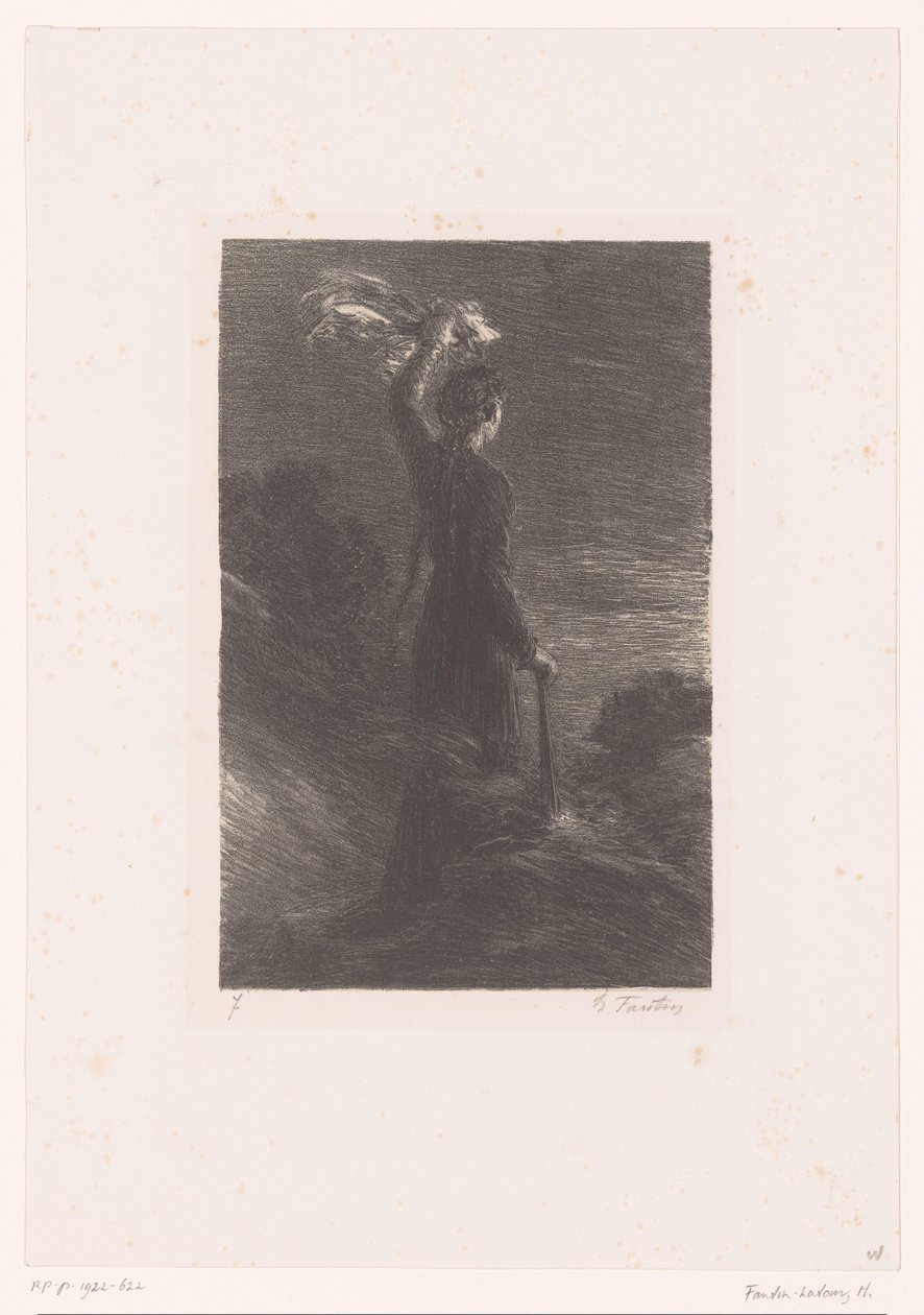 Izolda daje Tristanowi uzgodniony sygnał Tristan i Izolda. Akt II. Tańcz sygnałowy w nocy Życie i twórczość Richarda Wagnera (tytuł serii) autorstwa Ignace Henri Jean Fantin Latour