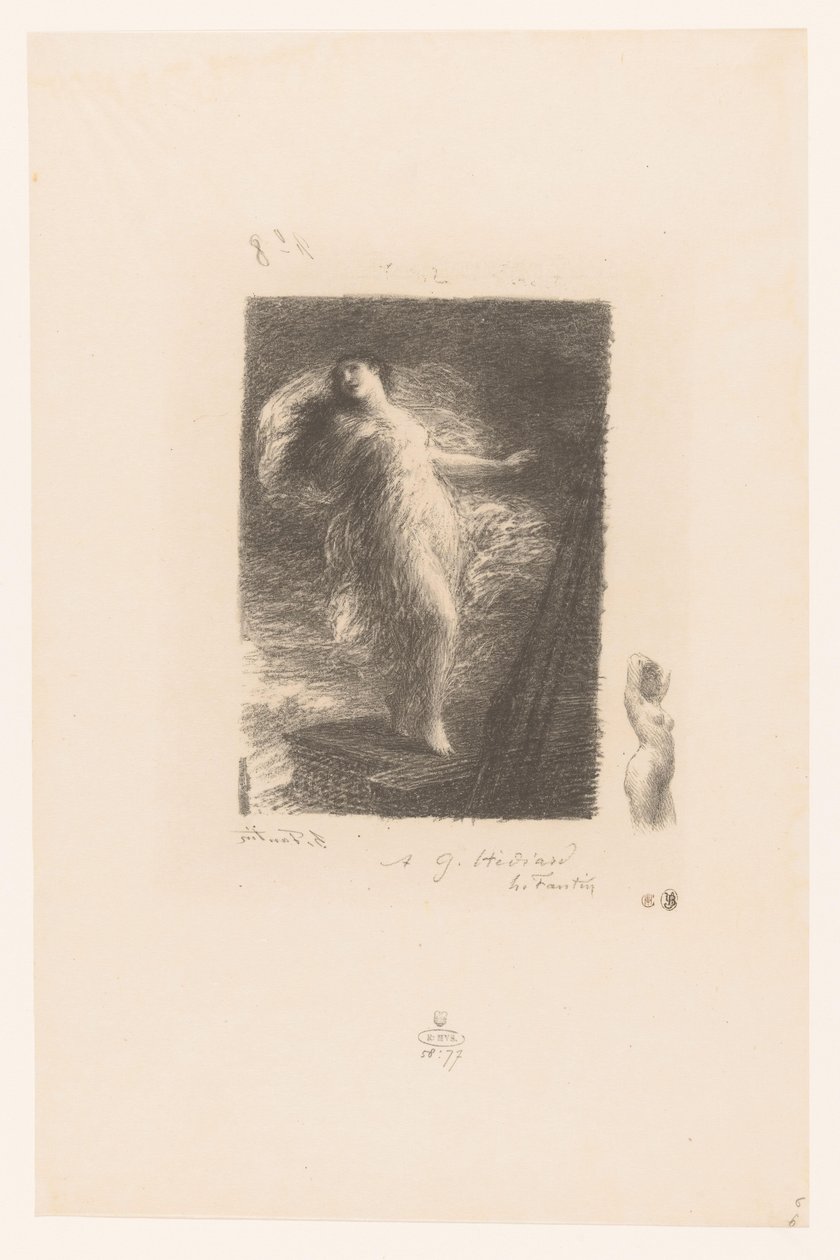 Jonge vrouw uit Taranto valt van de boeg van een schip Młoda Tarentina Elegy XX (w starym stylu) Gedichten van André Chénier (tytuł serii) Ilustracje do wierszy André Chéniera (tytuł serii) autorstwa Ignace Henri Jean Fantin Latour