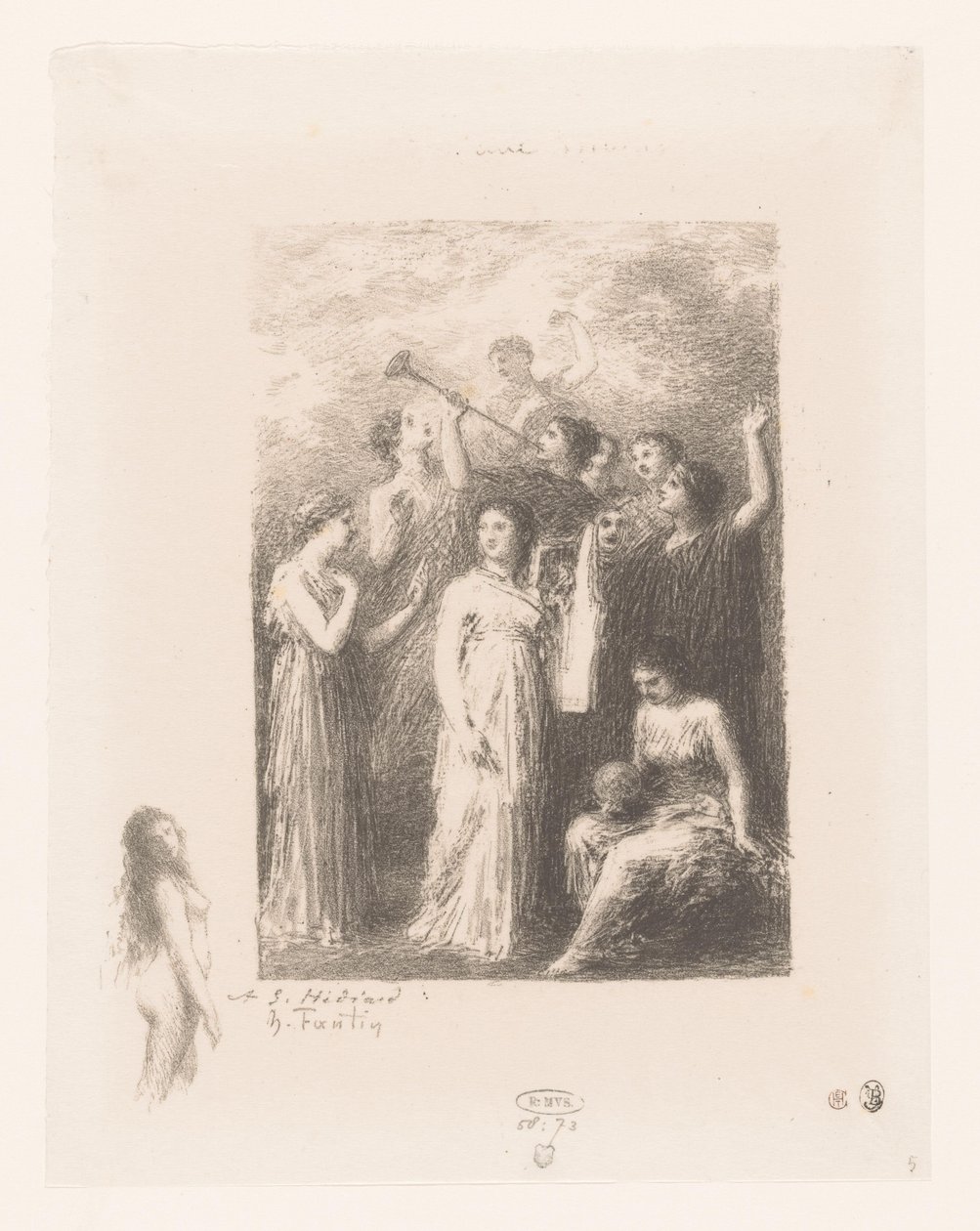 Negen muzen van de Olympus Frontyspis: Niewidomi Gedichten van André Chénier (tytuł serii) Ilustracje do wierszy André Chéniera (tytuł serii) autorstwa Ignace Henri Jean Fantin Latour