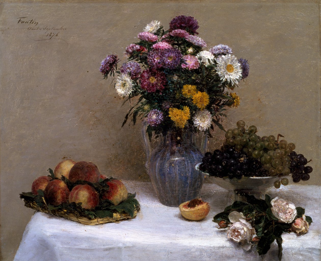 Białe róże i chryzantemy w wazonie autorstwa Ignace Henri Jean Fantin Latour