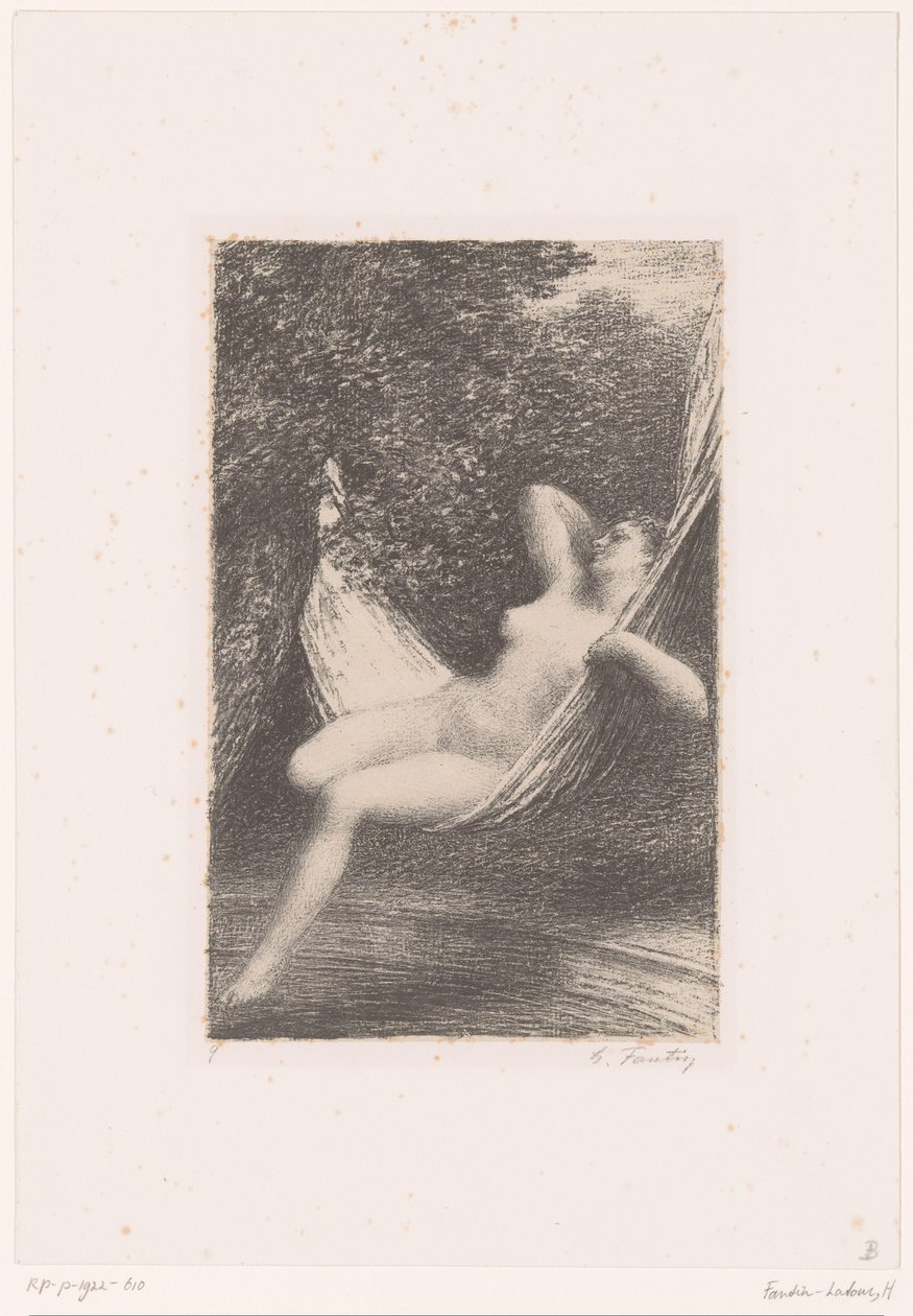 Sara kołysze się nago w hamaku nad wodą Sara la Baigneuse Życie i twórczość Hectora Berlioza (tytuł serii) autorstwa Ignace Henri Jean Fantin Latour