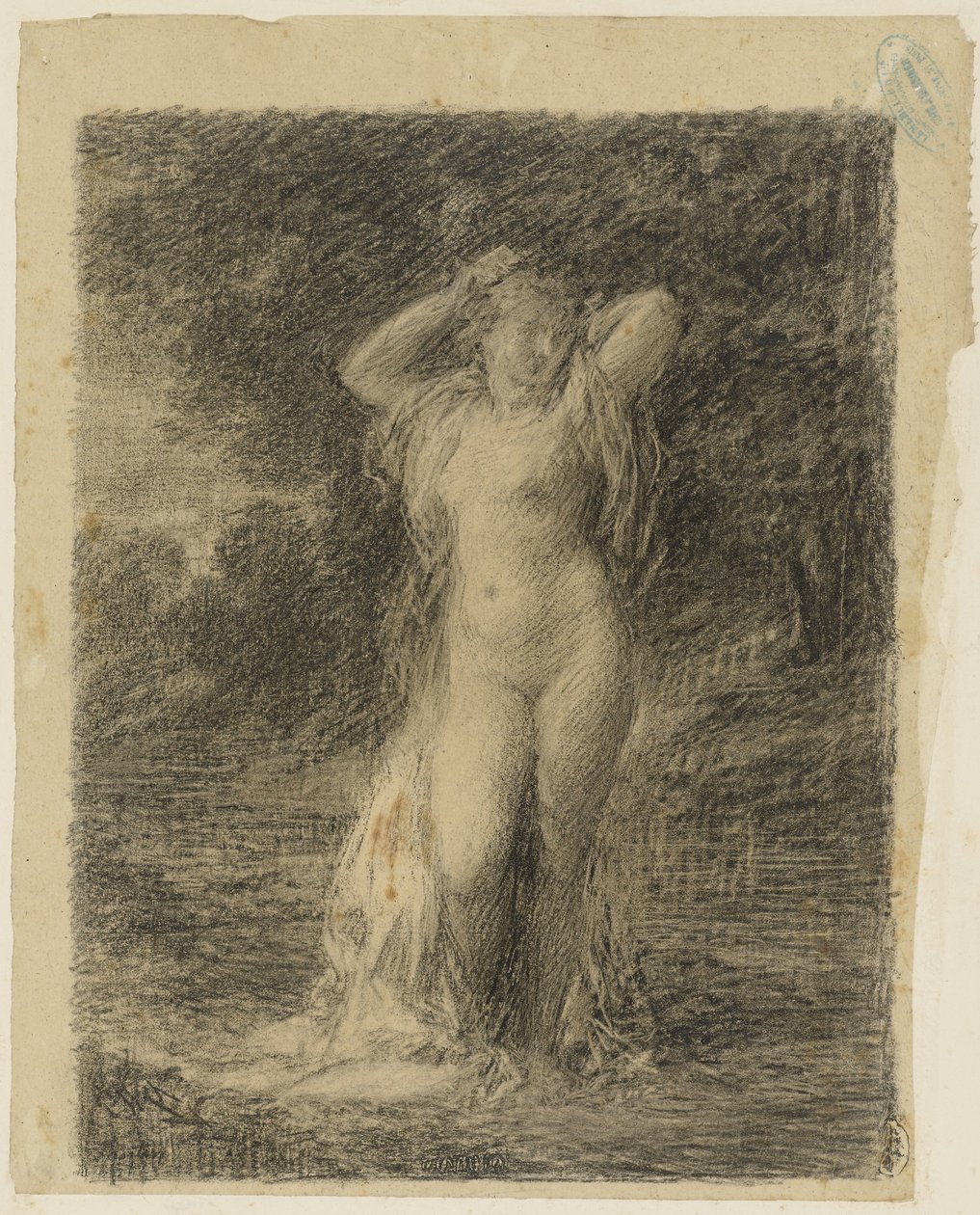 Stojąca naga kobieta w leśnym krajobrazie z wodą autorstwa Ignace Henri Jean Fantin Latour