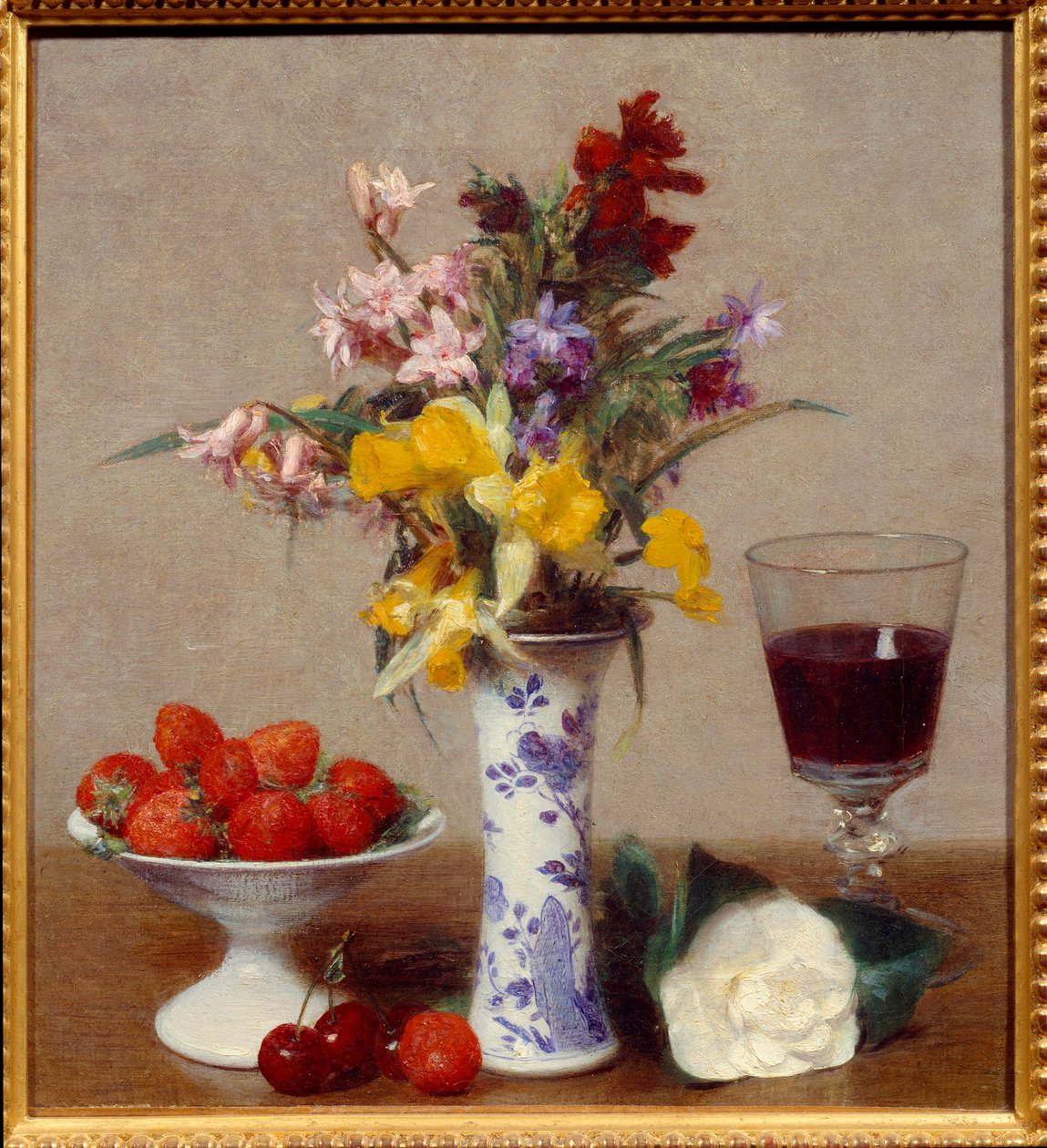 Martwa natura zwana zaręczynami Kieliszek czerwonego wina, bukiet melanżu, wiśni i truskawek. Obraz Henri Fantina Latoura (Fantin-Latour) (1836-1904) 1869 Nd. 0,32x0,29 m Grenoble, musee des Beaux Arts autorstwa Ignace Henri Jean Fantin Latour