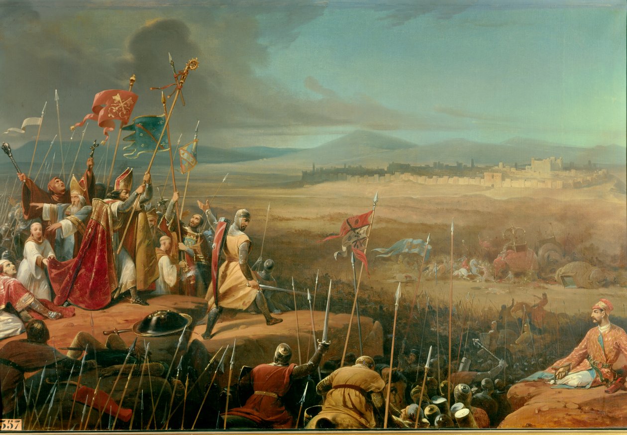 Pierwsza Krucjata: „” Bitwa stoczona pod murami Antiochii między przeprawami Bohemonda (Bohemond z Tarantu lub Hauteville lub Bohemond I Antiochii Wielkiej 1054-1111) a armią Karbouki (=Kerbogha zginął w 1102), generał sułtan autorstwa Henri Frederic Schopin