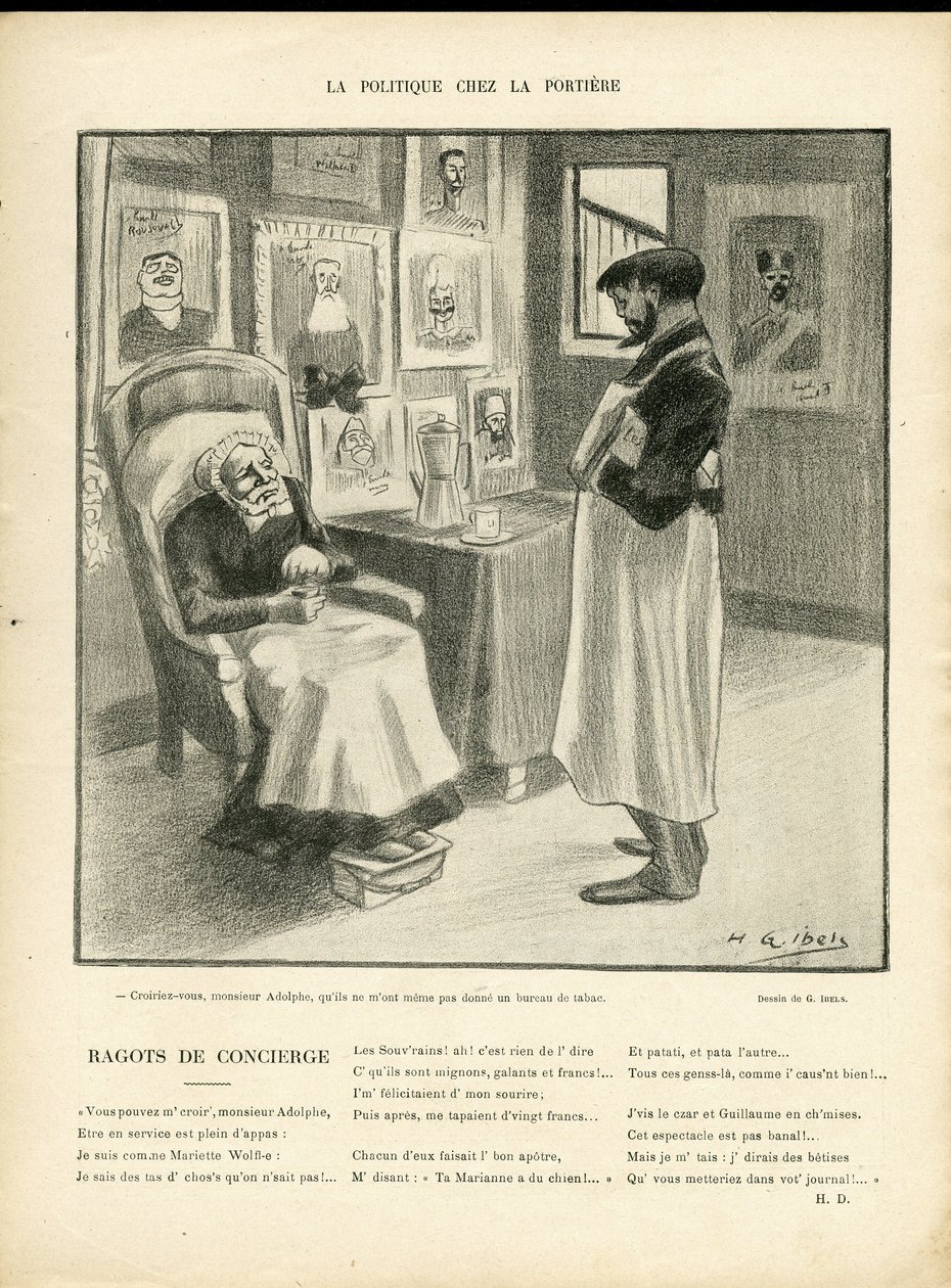 Ilustracja H. G. Ibelsa (1867-1936) w Le Rire, 1.08.10 - Polityka w Portiere - Suwereni zagraniczni, Identyfikator - Loubet Emile autorstwa Henri Gabriel Ibels