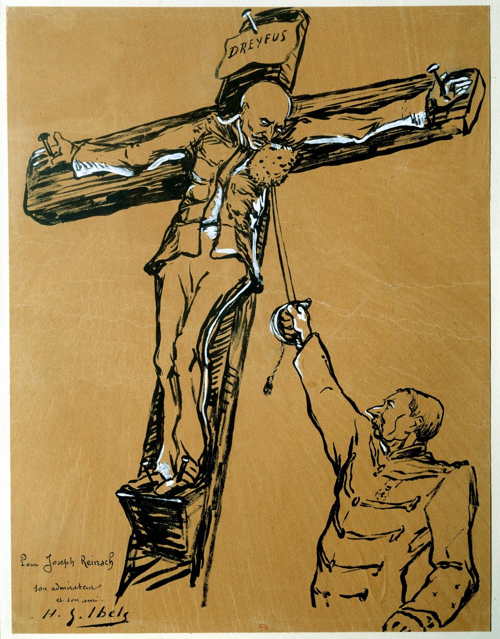 Satyra na aferę Dreyfusa: „” Kapitan Dreyfus i generał Mercier (1833-1921): minister wojny, który skazał Dreyfusa, zamiast rzymskiego żołnierza, wyciąga gąbkę do ukrzyżowania kapitana Dreyfusa, aby otarł twarz”” „Chiński tusz i gwak autorstwa Henri Gabriel Ibels