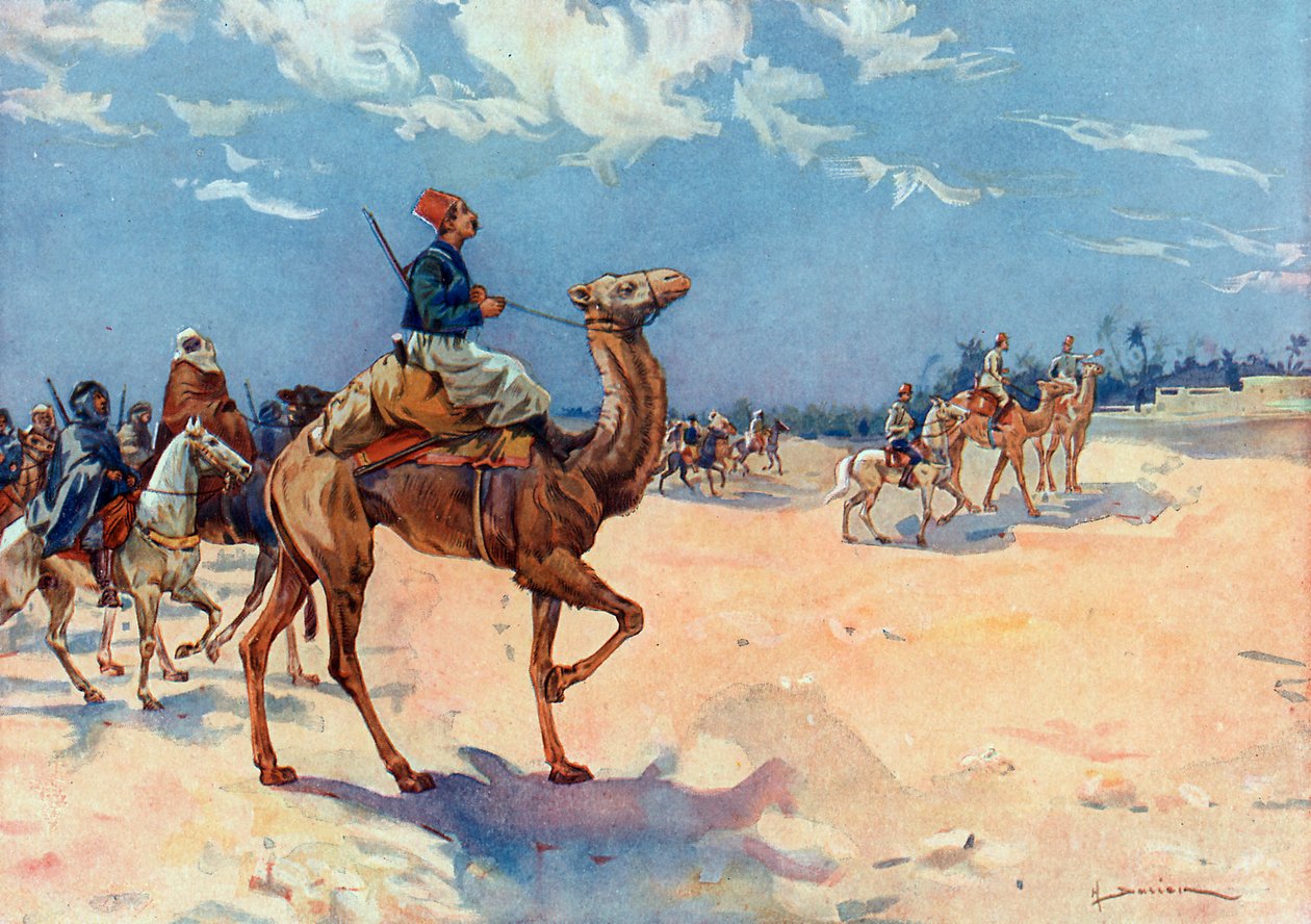 Campanhas do Saara (1882-1902) “” Escaramuçadores argelinos do Coronel Eu nas proximidades de In Salah no Saara argelino polonês autorstwa Henri Gaston Darien