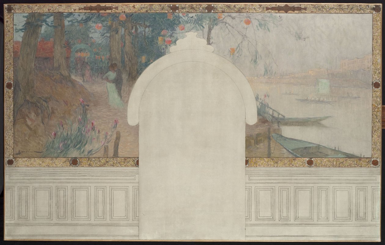 Szkic ratusza w Asnières: Wiosna. Sekwana w Asnières, około 1900 r. (olej na płótnie z tuszem) autorstwa Henri Gaston Darien