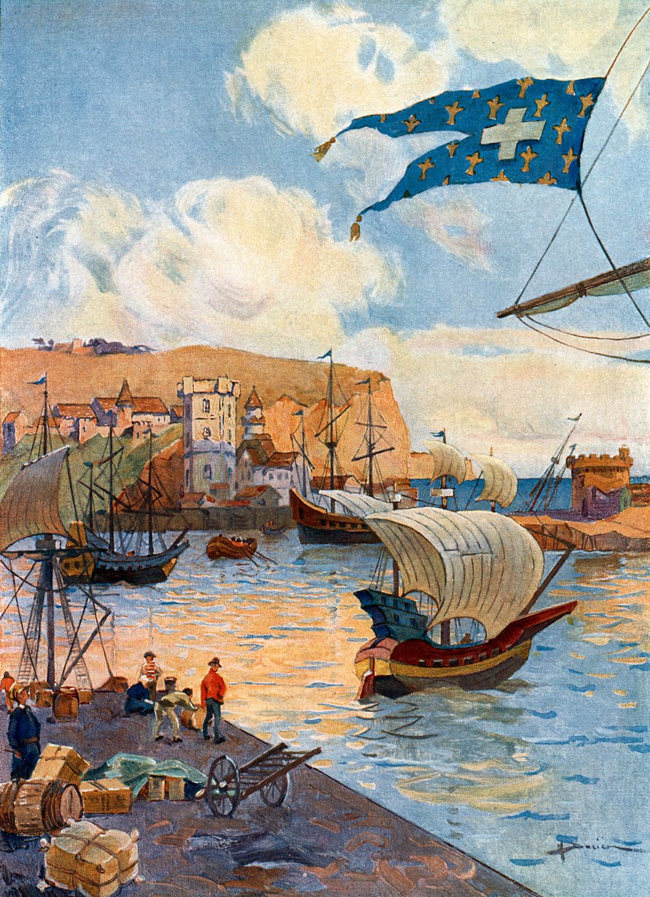 Widok miasta Dieppe w Normandii w czasach francuskiego odkrywcy Jeana Cousina, koniec XV wieku Ilustracja Gastona Henry