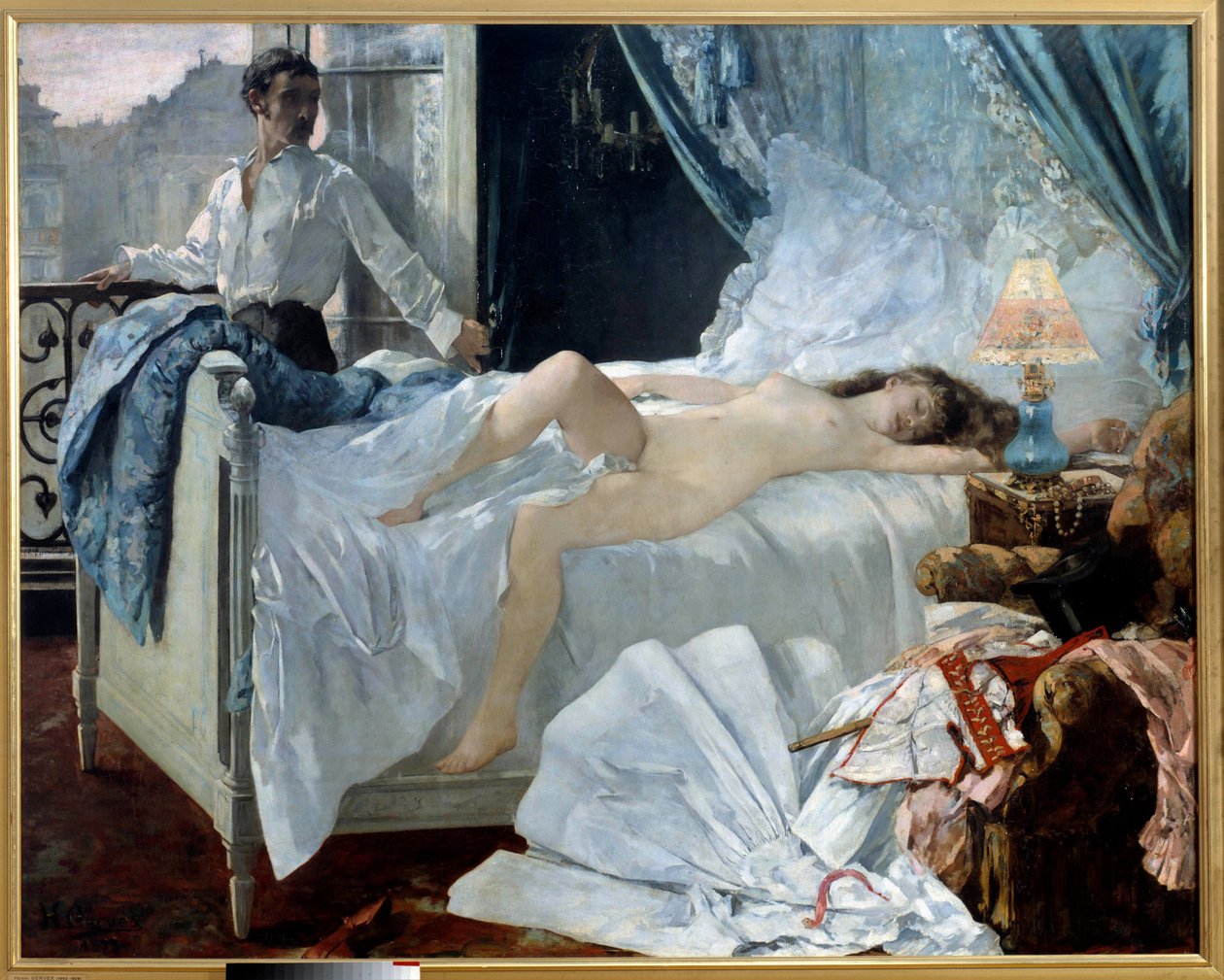 Rolla. Para w sypialni, kobieta śpi nago, a mężczyzna patrzy na nią przy oknie. Obraz Henri Gervexa (1852 - 1929). 1878. wym. 1,75 x 2,20 m Musee des Beaux Arts de Bordeaux - Rolla. Para w sypialni, kobieta śpi i na autorstwa Henri Gervex
