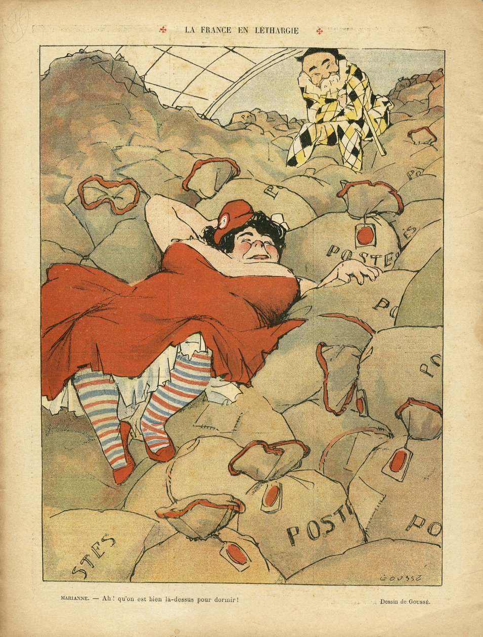 Ilustracja Henri Gousse (1872-1914) w Le Rire, 03/04/09 - La France en lethargie - Social, Greve, Courrier La Poste Postal - Clemenceau George, Marianne autorstwa Henri Gousse