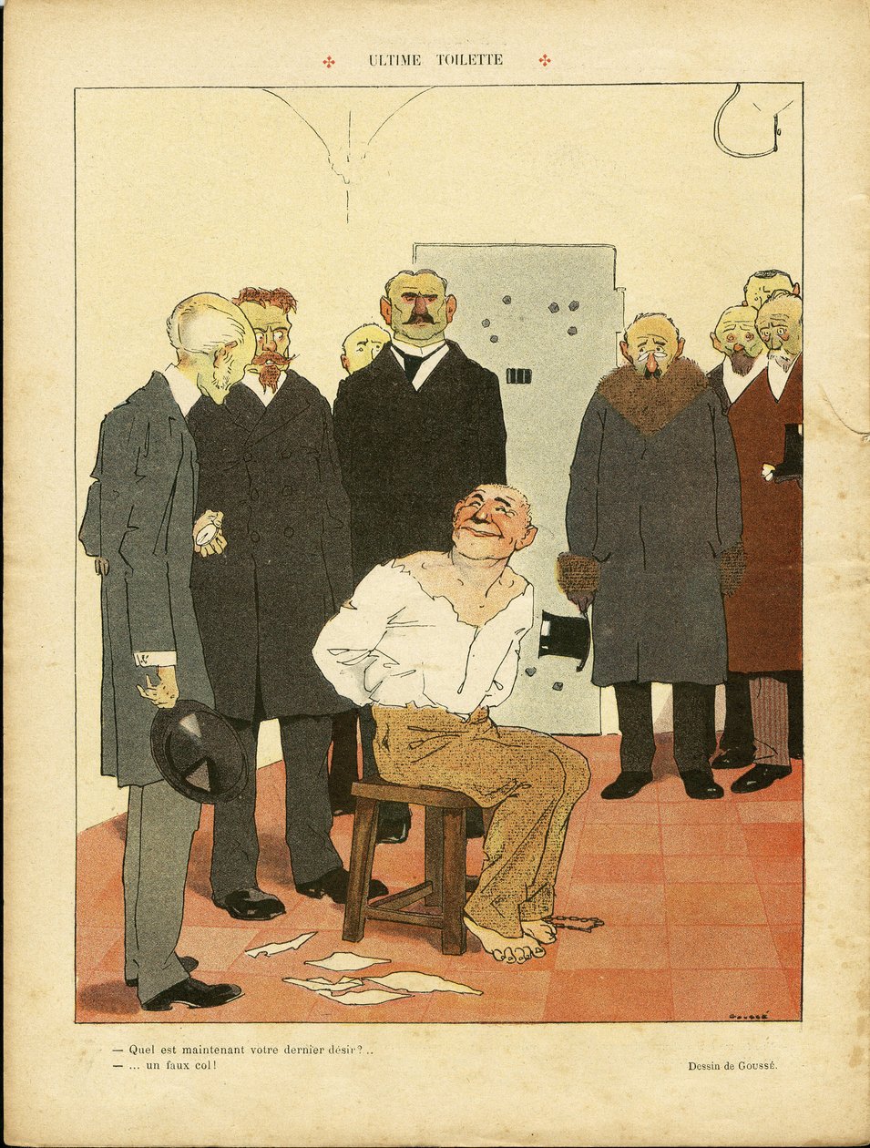 Ilustracja Henri Gousse (1872-1914) w Le Rire, 27.03.09 - Ostateczna toaleta - Kara śmierci Egzekucja Echafaud autorstwa Henri Gousse