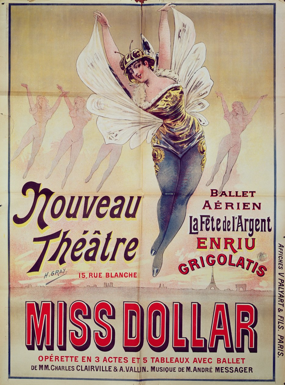 Plakat reklamujący Ballet Aerien La Fete de lArgent i operetkę Miss Dollar, wyprodukowany w Teatrze Nouveau, rue Blanche, Paryż, 1893 autorstwa Henri Gray