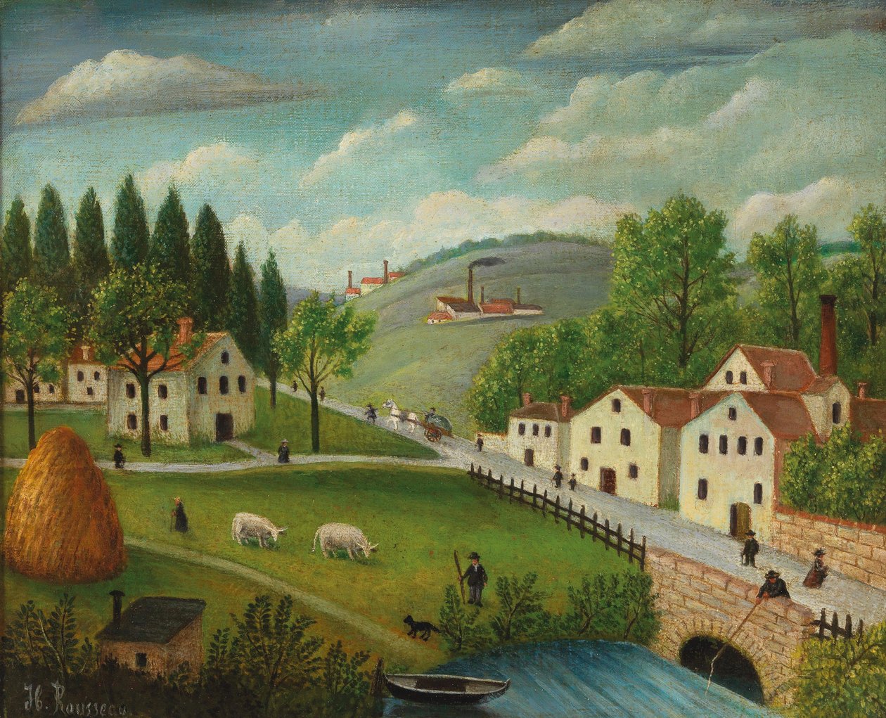 Pejzaż pasterski ze strumykiem, rybakiem i spacerowiczami, ok. godz. 1875-80 (olej na płótnie) autorstwa Henri J.F. Rousseau