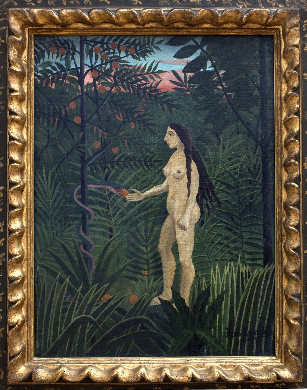 Ewa w ziemskim raju. Obraz Henri Rousseau dit le Douanier Rousseau (1844-1910), olej na płótnie, ca. 1906-1907. Sztuka francuska, wiek XX, sztuka naiwna. Kunsthalle, Hamburg, Niemcy. autorstwa Henri J.F. Rousseau