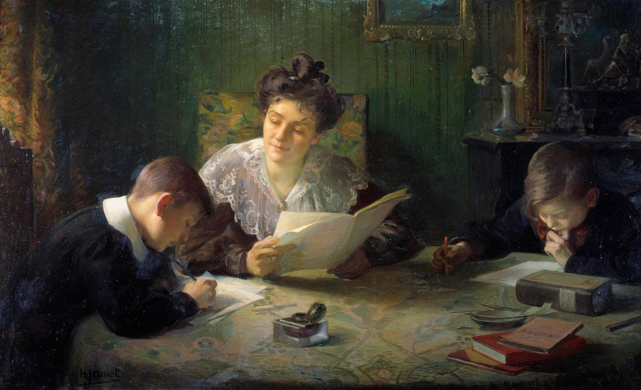 Praca domowa Matka pomaga dzieciom odrabiać lekcje. Obraz Henri Jameta (1858-1940) XX-wieczny Orlean, Musee des Beaux Arts autorstwa Henri Jamet