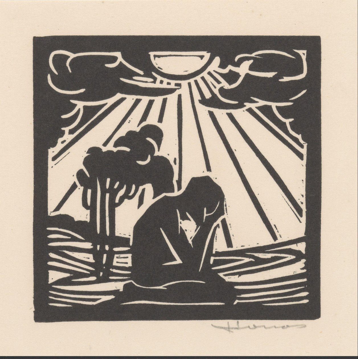 Klęcząca postać w krajobrazie z drzewami autorstwa Henri Jonas (signed by artist)