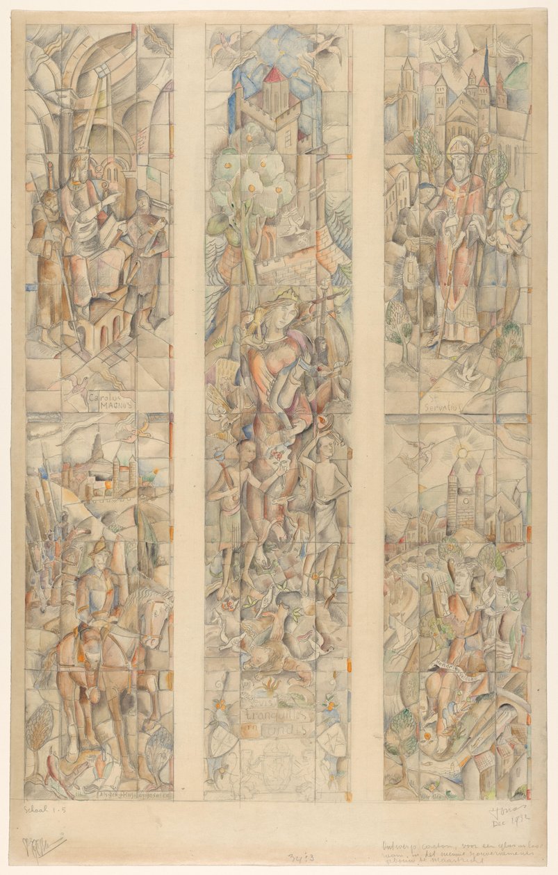 Zaprojektuj karton na witraż w nowym budynku rządowym w Maastricht (oryginalny tytuł obiektu) autorstwa Henri Jonas (signed by artist)