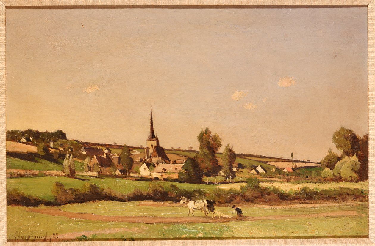 Rozległy krajobraz z oraczem i wioską za nim autorstwa Henri Joseph Harpignies