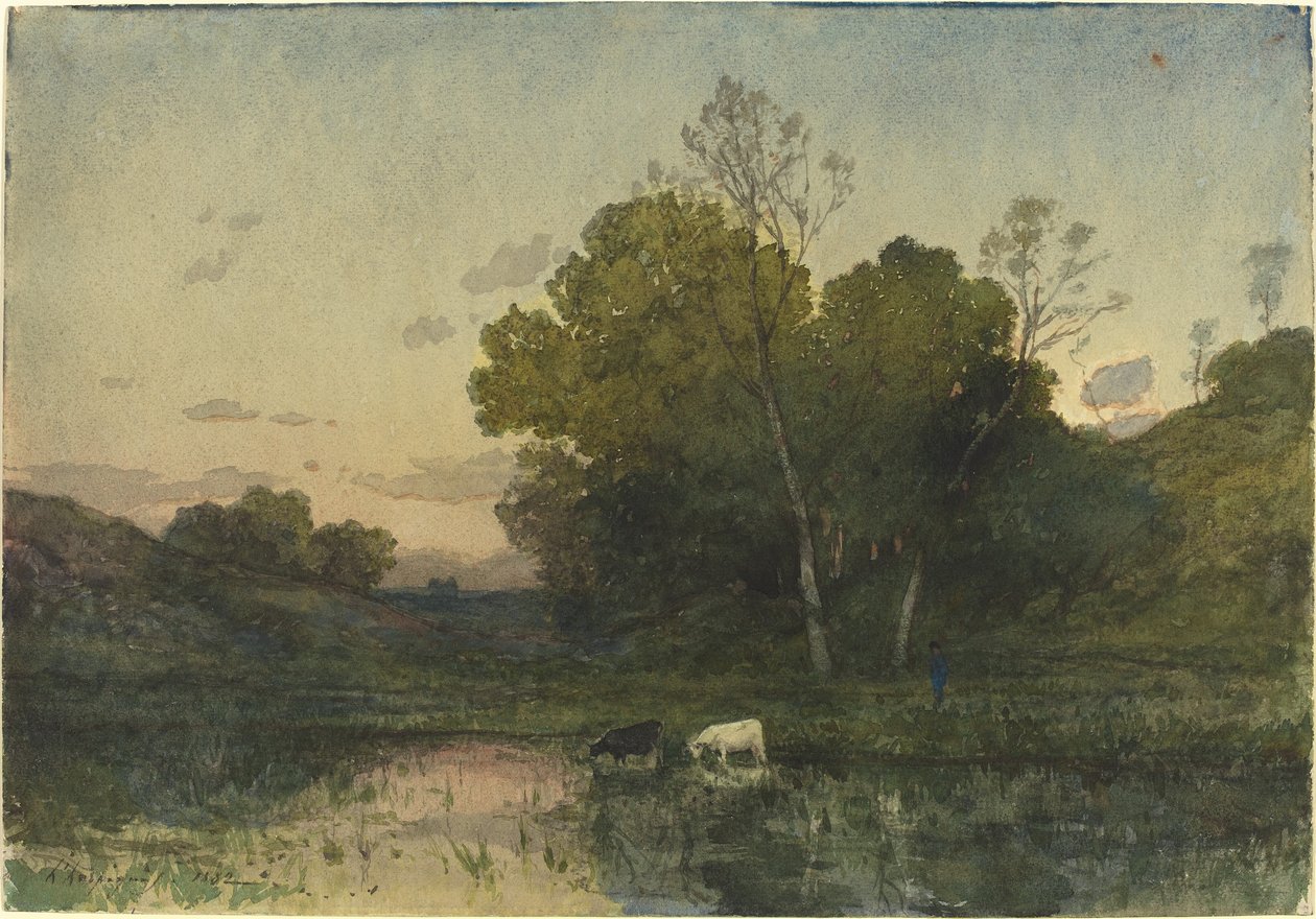 Wieczorne światło na zalesionym brzegu jeziora z piciem bydła autorstwa Henri Joseph Harpignies