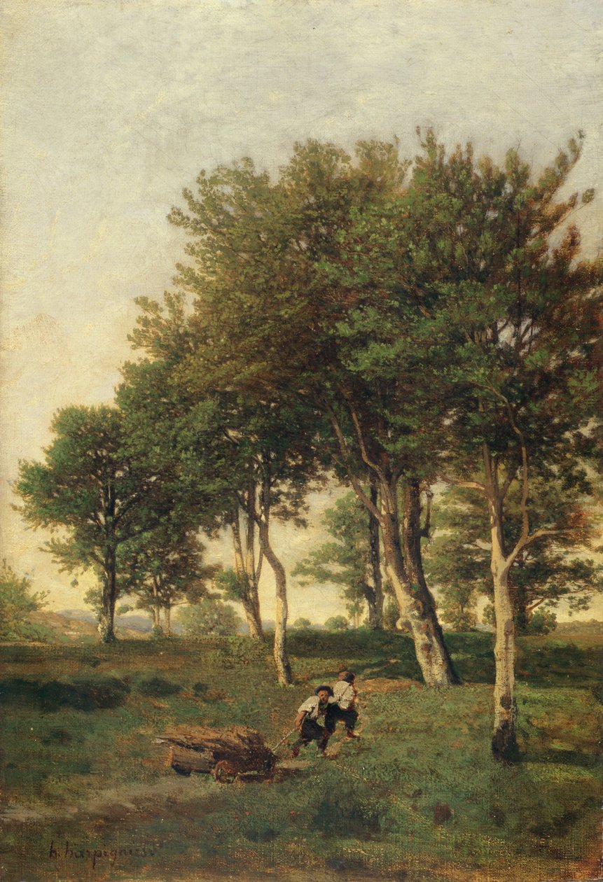 Pejzaż z dwoma chłopcami niosącymi drewno na opał, 1894 autorstwa Henri Joseph Harpignies