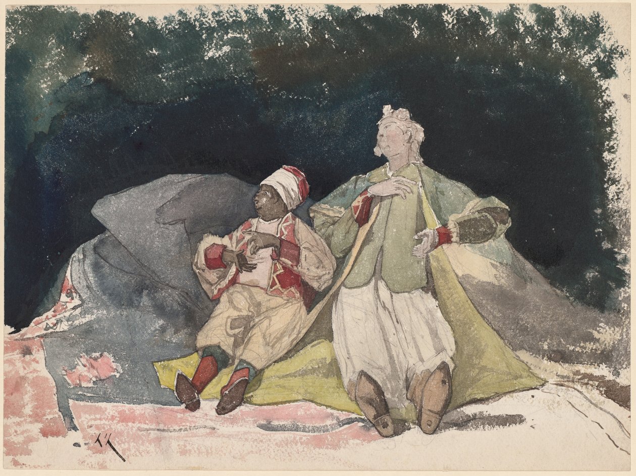 Dwie lalki lub pacynki siedzące na poduszkach autorstwa Henri Joseph Harpignies
