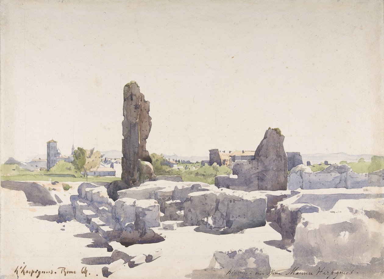 Widok Koloseum z Bazyliki Domicjana i Pałacu Flawiuszów, Rzym, 1864. autorstwa Henri Joseph Harpignies