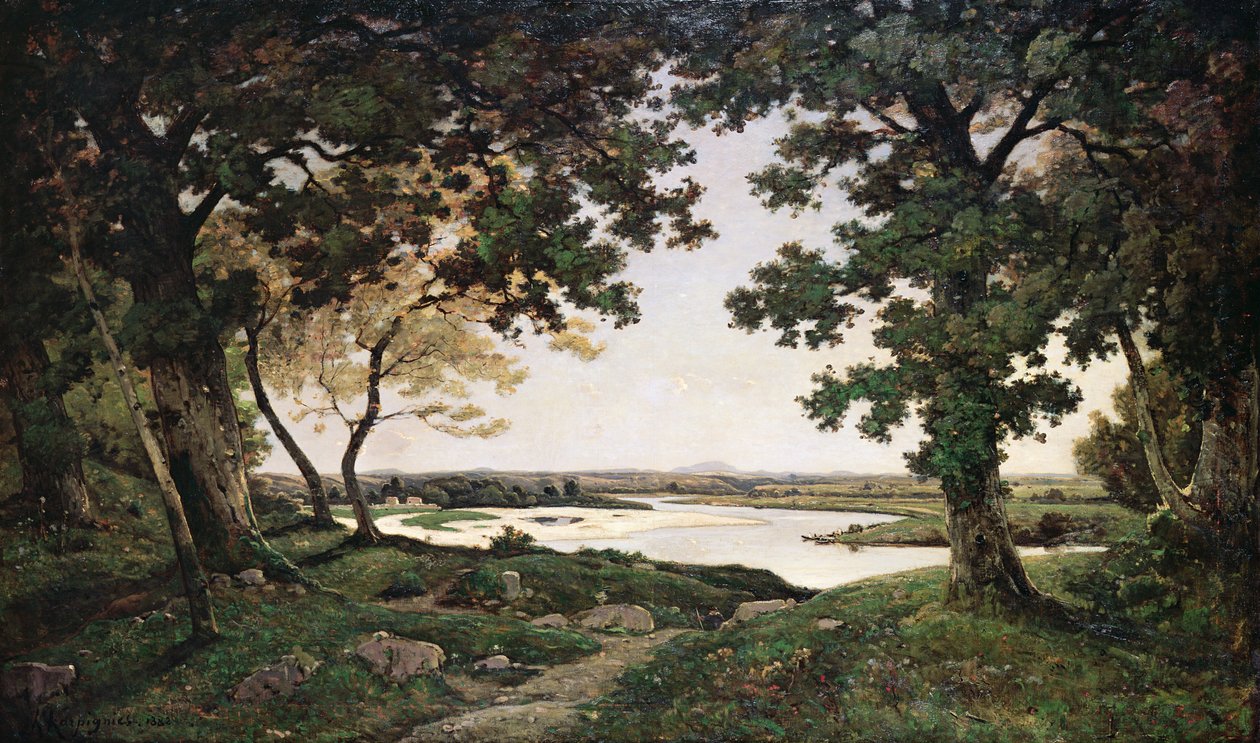 Zalesiony krajobraz z piaszczystą rzeką, 1882 autorstwa Henri Joseph Harpignies