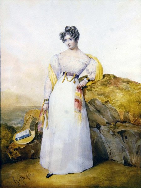 Portret damy w pejzażu (akwarela i gwasz na welinie) autorstwa Henri Joseph Hesse