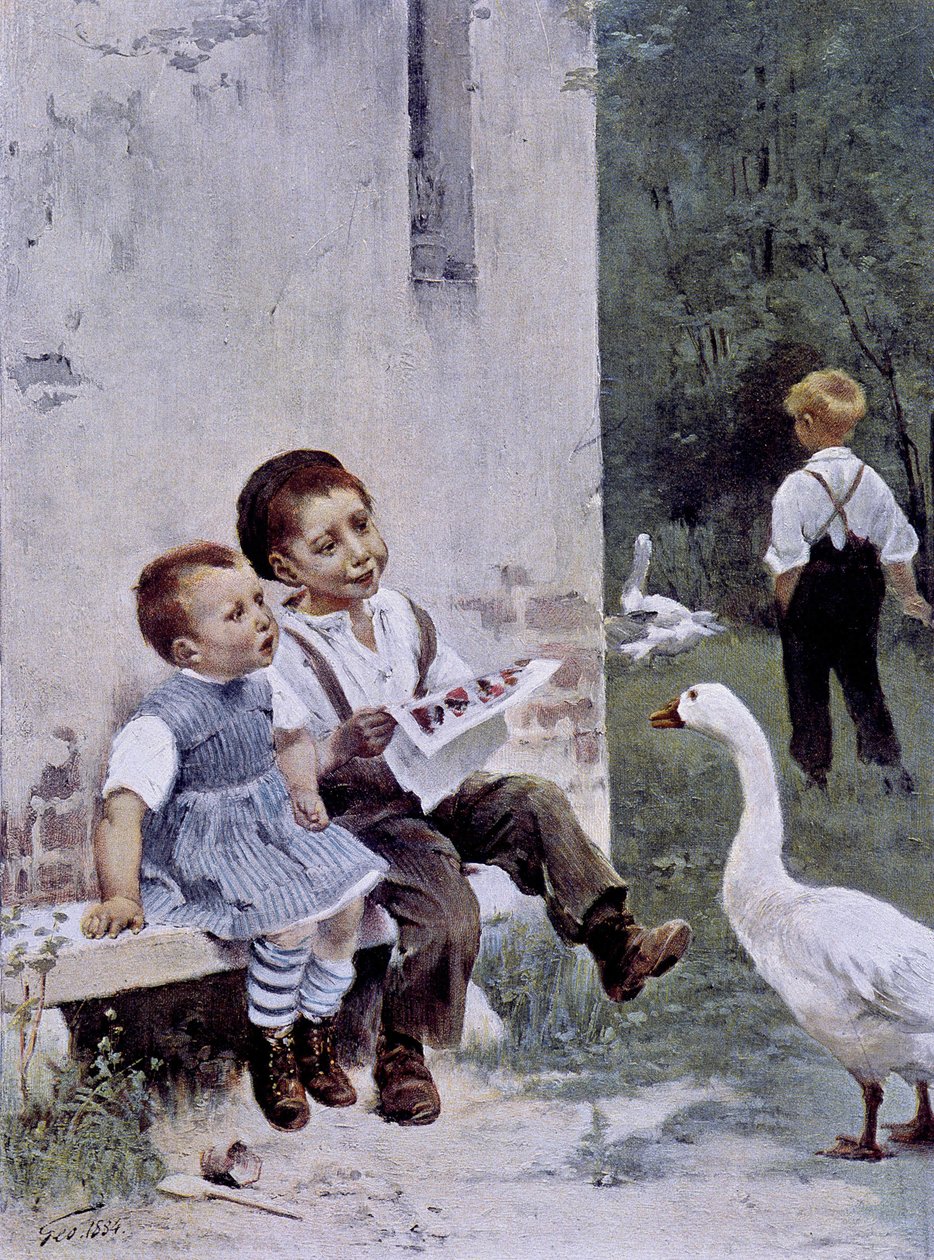 Edukacja: dzieci czytające i obserwujące ich gęsi - chore. Geoffroy, w „” Figaro Illustré”””, maj 1901 autorstwa Henri Jules Jean Geoffroy