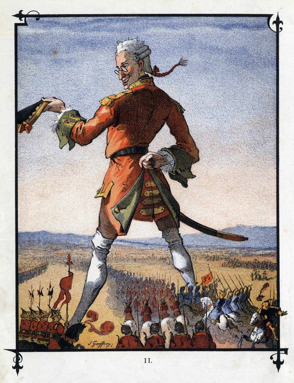 Lemuel Gulliver dowodzi armią Lilliputów. Ilustracja do „Podróży Guliwera” Jonathana Swifta (1667-1745) autorstwa Henri Jules Jean Geoffroy