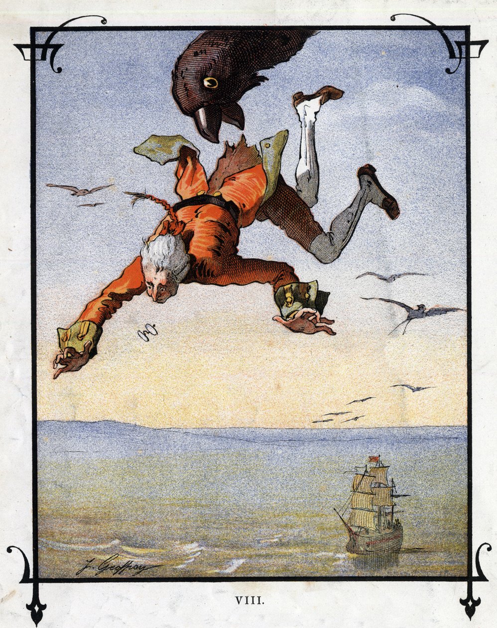 Lemuel Gulliver zostaje porwany przez orła. Ilustracja do „Podróży Guliwera” Jonathana Swifta (1667-1745) autorstwa Henri Jules Jean Geoffroy