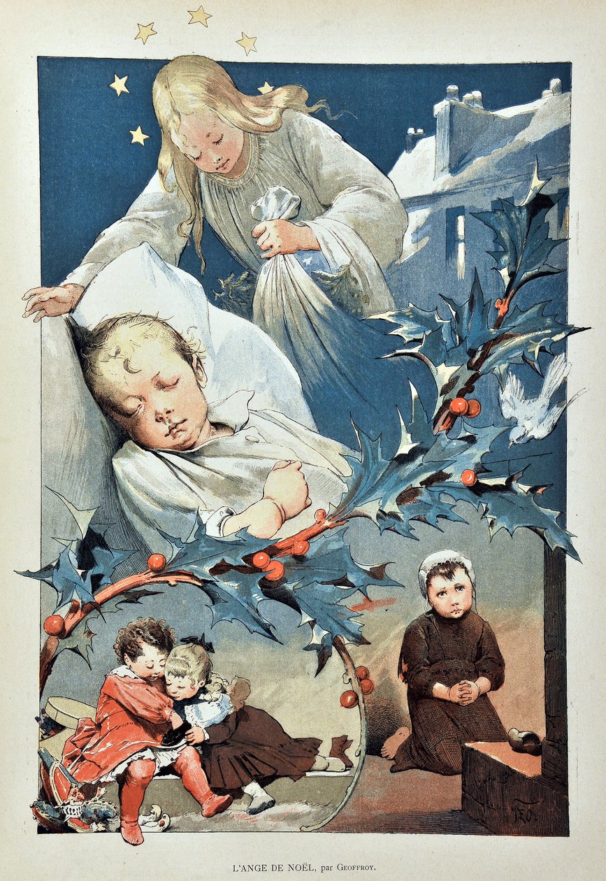 Anioł Bożego Narodzenia. Ilustracja Jean GEOFFROY (1853-1924) Rycina z 1887 r. w „Tygodniku Paris-Illustrous””. autorstwa Henri Jules Jean Geoffroy