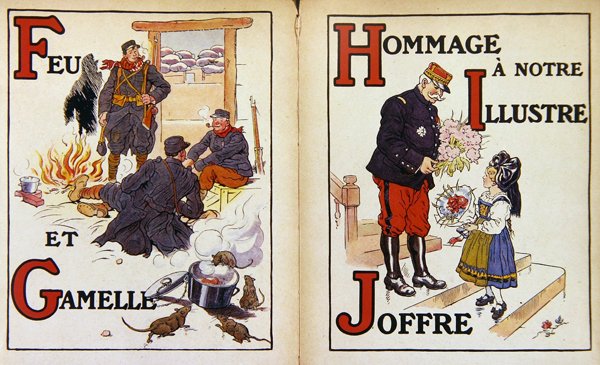 Ogień i menażka oraz hołd dla marszałka Joffre, ilustracja z „Alfabet de la Guerre autorstwa Henri Lanos
