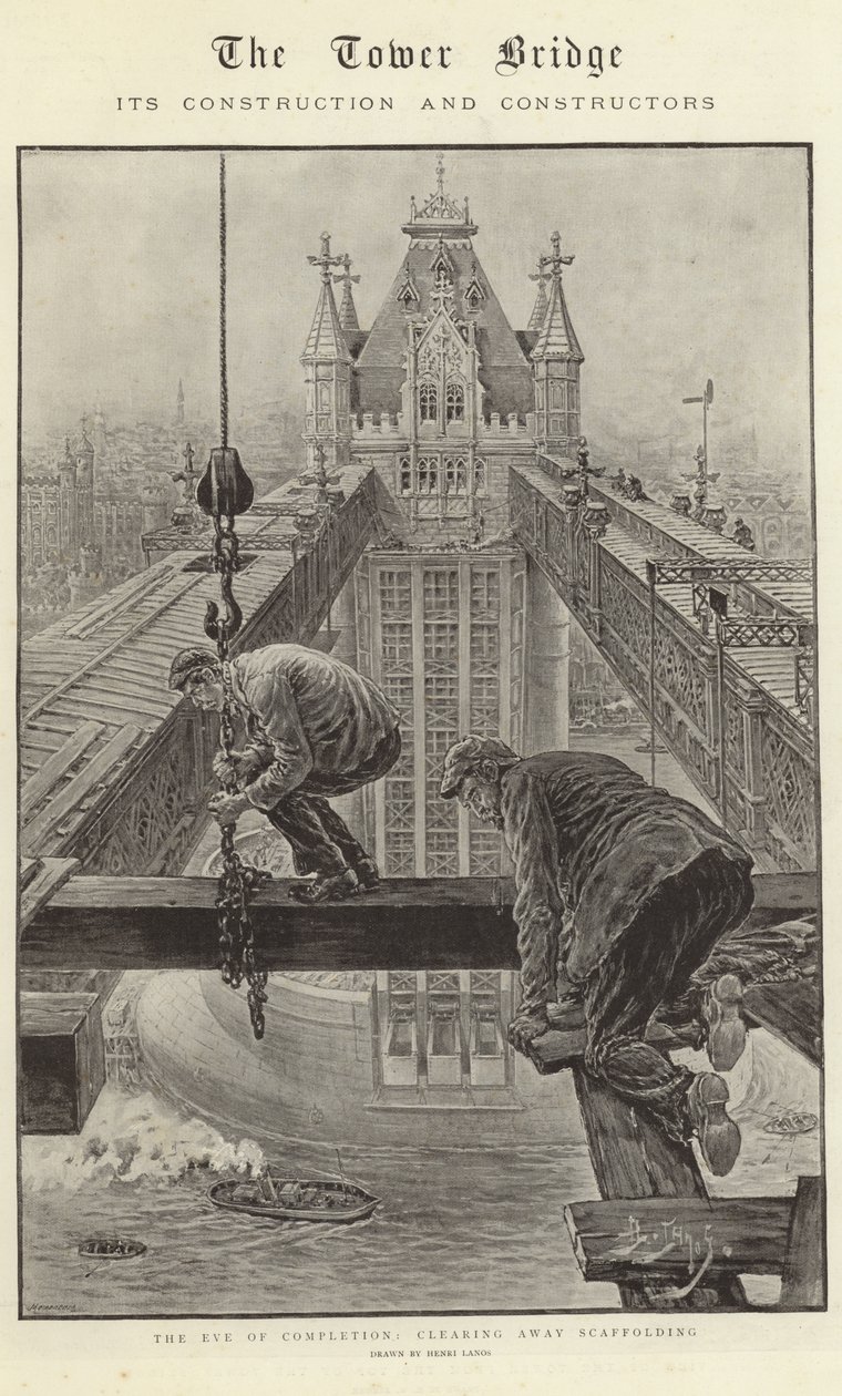 Tower Bridge, jego budowa i konstruktorzy (litografia) autorstwa Henri Lanos