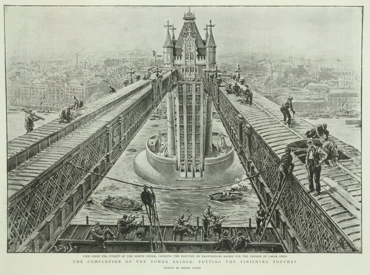 Ukończenie Tower Bridge: ostatnie szlify, z Grafiki, 23 czerwca 1894 (grafika) autorstwa Henri Lanos