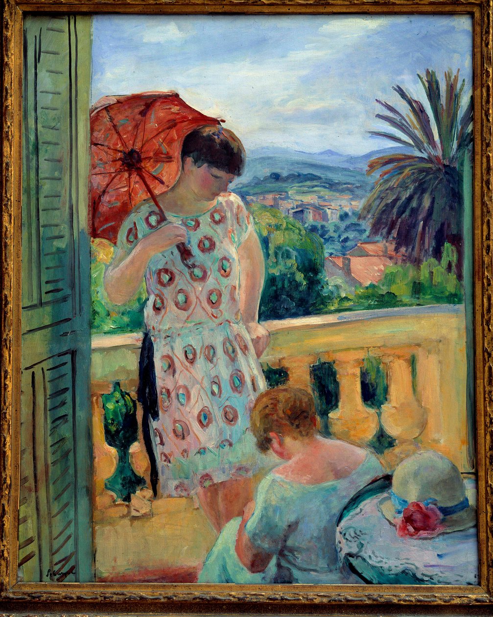 Dwie kobiety na balkonie lub na balkonie, z widokiem na Esterel. Obraz Henri Lebasque (1865-1937) 1925-1926, olej na płótnie, 92,5 × 65 cm. Lyon, musee des Beaux Arts - Dwie kobiety na balkonie lub balkonie z widokiem na Esterel. Malarstwo Henri Lebas autorstwa Henri Lebasque